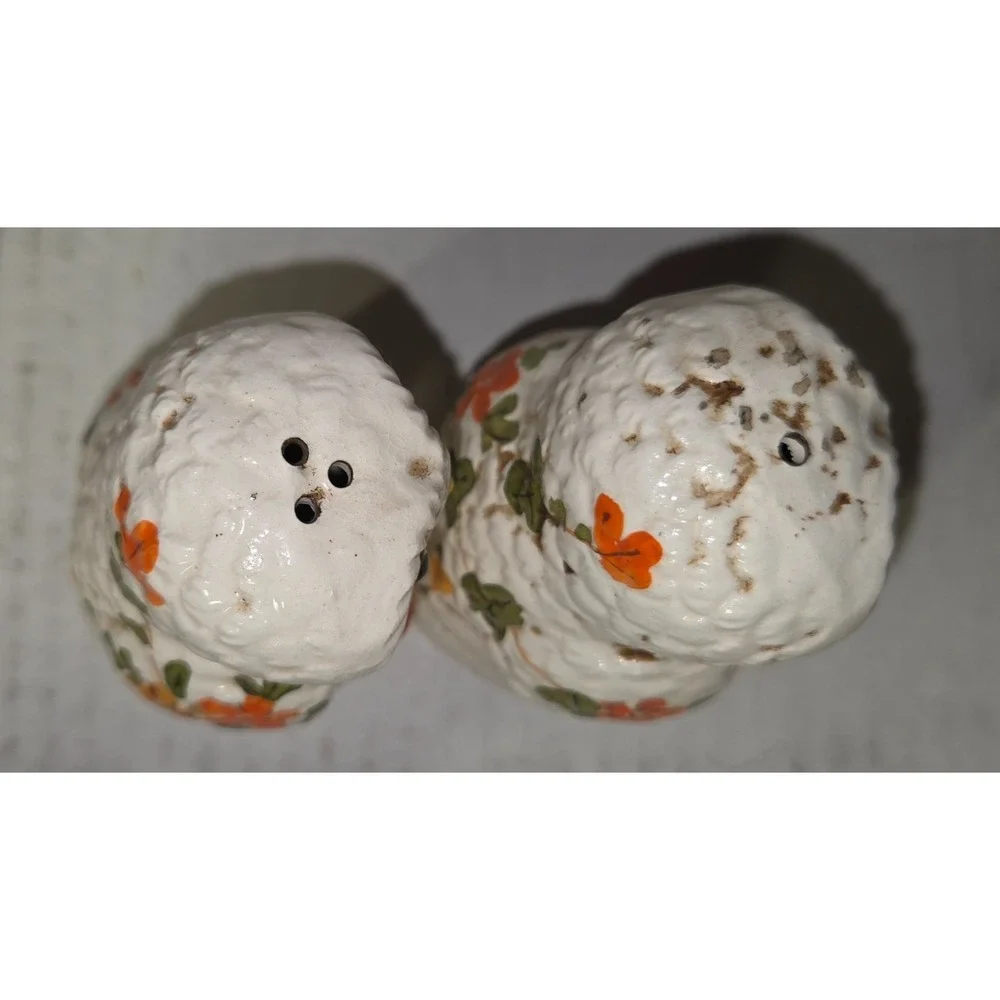 Vintage Ceramic Owl Salt+Pepper Shaker - Hand-painted Floral and Feathers